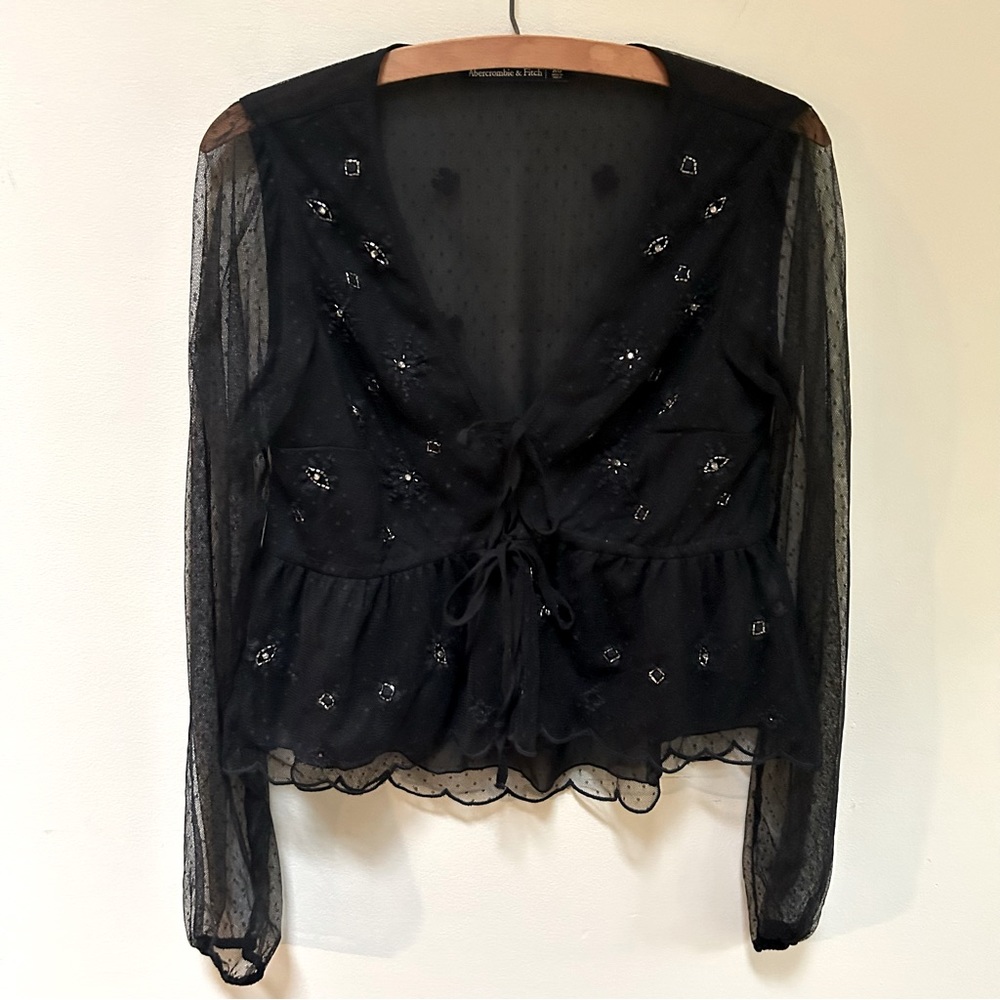 Abercrombie & Fitch ~ Sheer Black Embroidered Embellished Long Sleeve Blouse XS